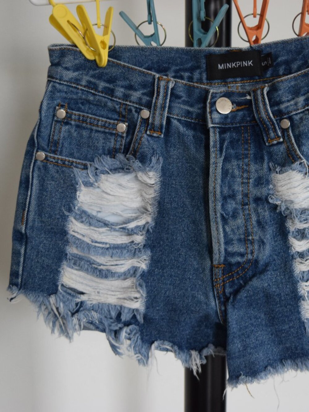 MINKPINK Distressed Denim Cutoff Shorts Medium Wash